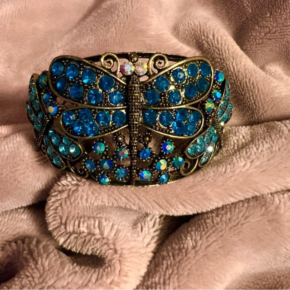 VINTAGE Blue Turquoise Butterfly and Marbled Whimsy Boho Gemstone Bangle Set - Picture 3 of 12